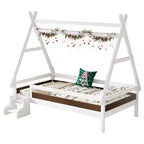 Cama plataforma infantil doble con escaleras incorporadas y barandillas de seguridad, acabado de madera maciza blanca