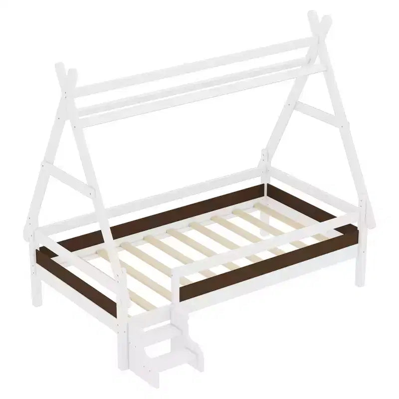 Cama plataforma infantil doble con escaleras incorporadas y barandillas de seguridad, acabado de madera maciza blanca