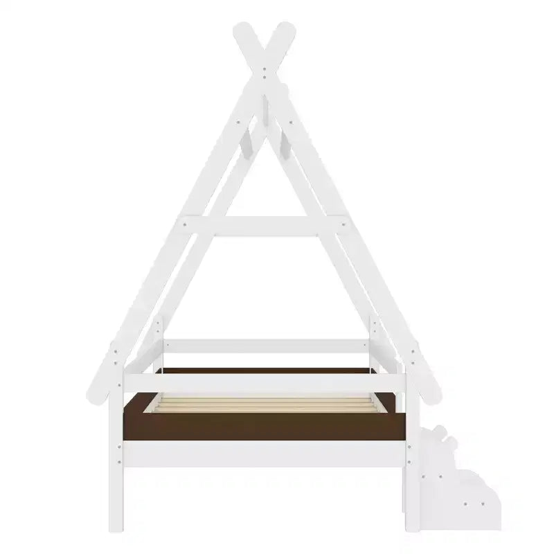Cama plataforma infantil doble con escaleras incorporadas y barandillas de seguridad, acabado de madera maciza blanca