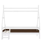 Cama plataforma infantil doble con escaleras incorporadas y barandillas de seguridad, acabado de madera maciza blanca