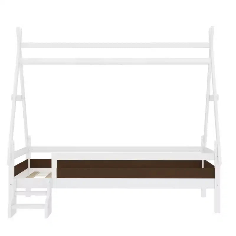 Cama plataforma infantil doble con escaleras incorporadas y barandillas de seguridad, acabado de madera maciza blanca