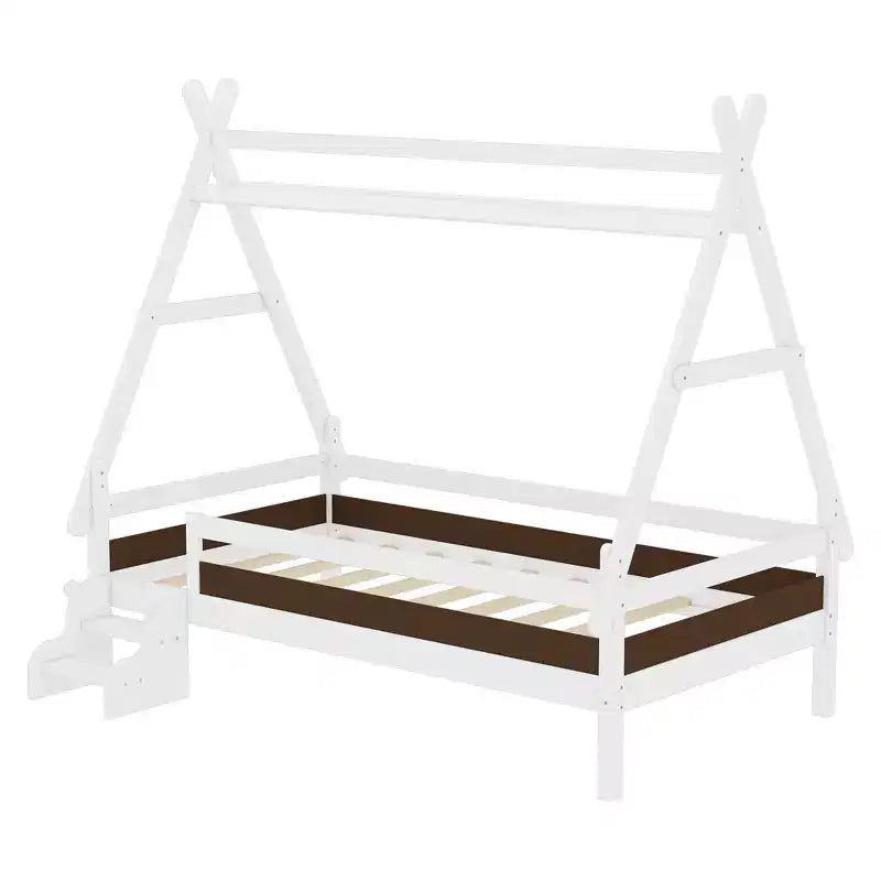 Cama plataforma infantil doble con escaleras incorporadas y barandillas de seguridad, acabado de madera maciza blanca