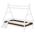 Cama plataforma infantil doble con escaleras incorporadas y barandillas de seguridad, acabado de madera maciza blanca
