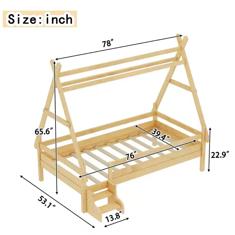 Cama plataforma infantil doble con escaleras incorporadas y barandillas de seguridad, acabado de madera maciza blanca