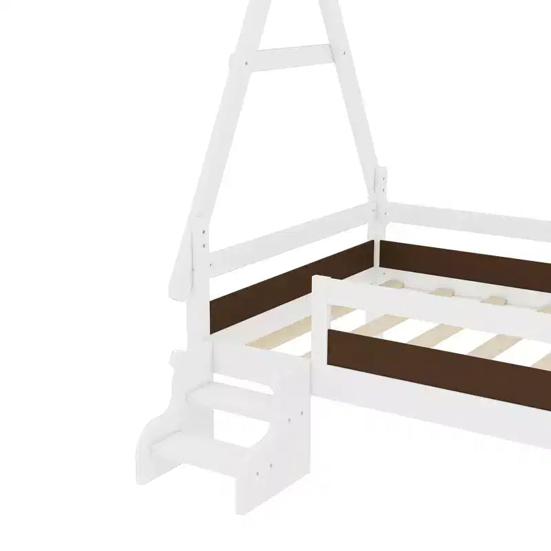 Cama plataforma infantil doble con escaleras incorporadas y barandillas de seguridad, acabado de madera maciza blanca