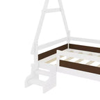 Cama plataforma infantil doble con escaleras incorporadas y barandillas de seguridad, acabado de madera maciza blanca