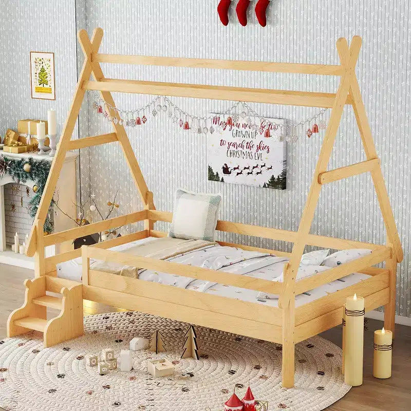 Cama plataforma infantil doble con escaleras incorporadas y barandillas de seguridad, acabado de madera maciza blanca