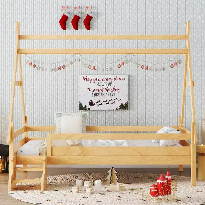 Cama plataforma infantil doble con escaleras incorporadas y barandillas de seguridad, acabado de madera maciza blanca