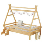 Cama plataforma infantil doble con escaleras incorporadas y barandillas de seguridad, acabado de madera maciza blanca