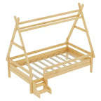 Cama plataforma infantil doble con escaleras incorporadas y barandillas de seguridad, acabado de madera maciza blanca