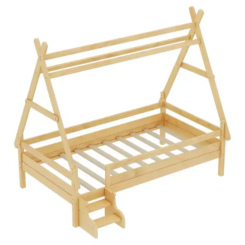 Cama plataforma infantil doble con escaleras incorporadas y barandillas de seguridad, acabado de madera maciza blanca