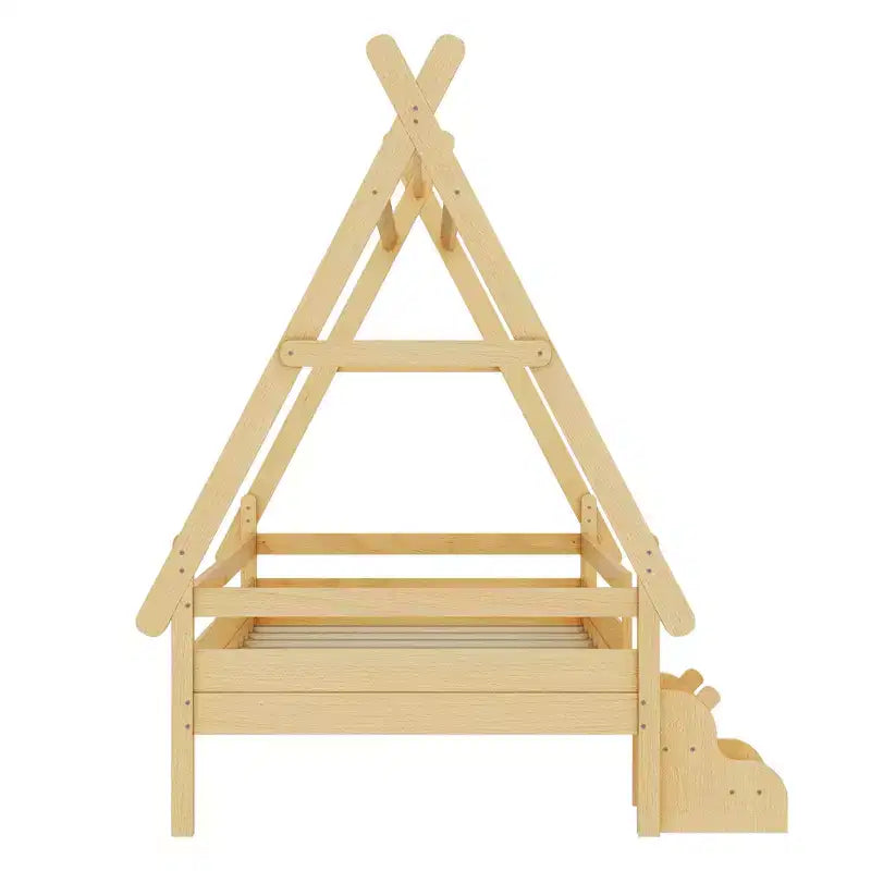 Cama plataforma infantil doble con escaleras incorporadas y barandillas de seguridad, acabado de madera maciza blanca