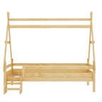 Cama plataforma infantil doble con escaleras incorporadas y barandillas de seguridad, acabado de madera maciza blanca