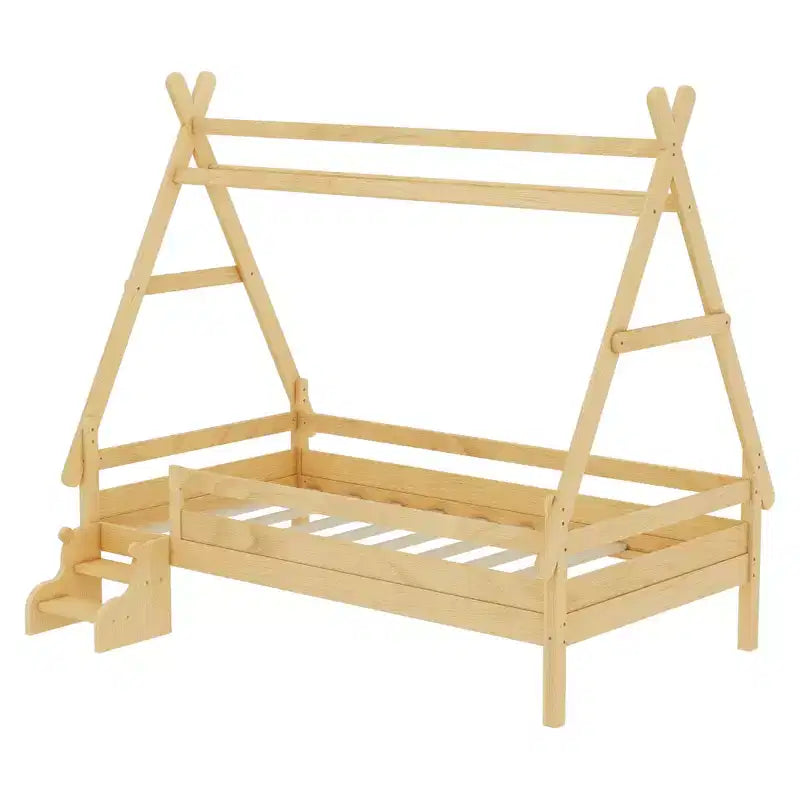 Cama plataforma infantil doble con escaleras incorporadas y barandillas de seguridad, acabado de madera maciza blanca