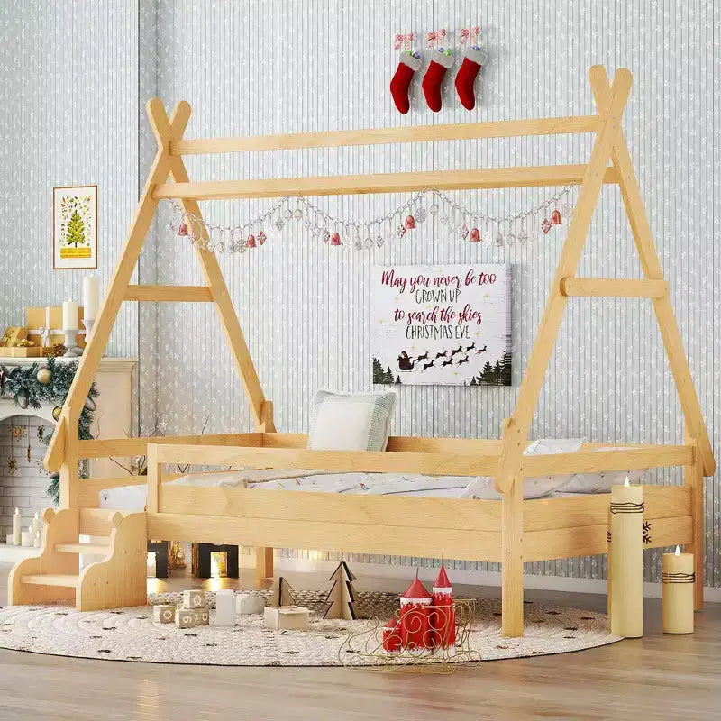 Bellemave House Platform Bed with Stairs, Solid Wood House Platform Bed Frame with Low Profile and Safety Guardrail,Childlike Fun Design