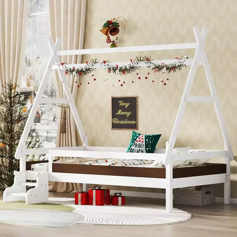 Cama plataforma infantil doble con escaleras incorporadas y barandillas de seguridad, acabado de madera maciza blanca