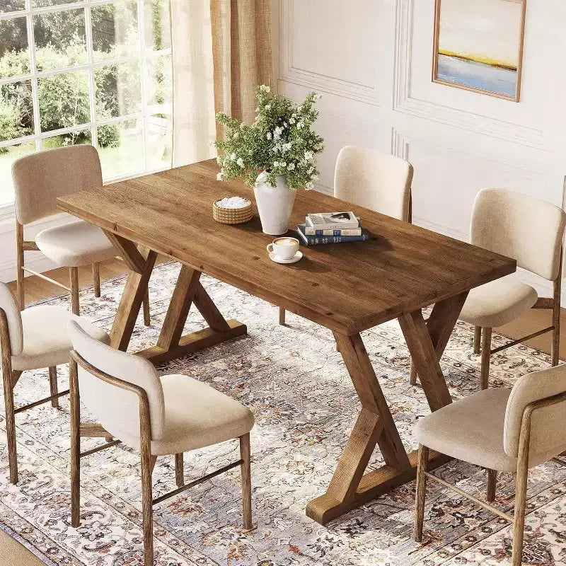 Lantine Solid Wood Dining Table for 4-6 People, 63 Inches Farmhouse Rectangular Kitchen Dinner Table for Living Room, Dining Room