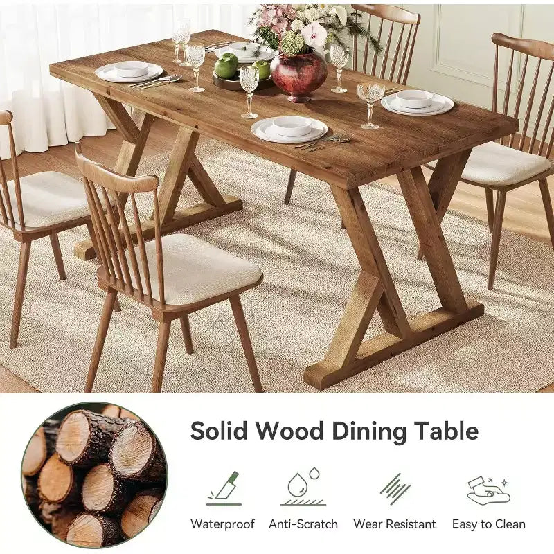 Mesa de comedor de madera maciza para 4-6 personas, 160 cm con patas en forma de X