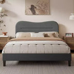 Queen Size Platform Bed Frame with Upholstered Headboard Teddy Boucle Fabric Cloud Marshmallow Shape Noise Free No Box Spring Needed Sturdy Wood Slats
