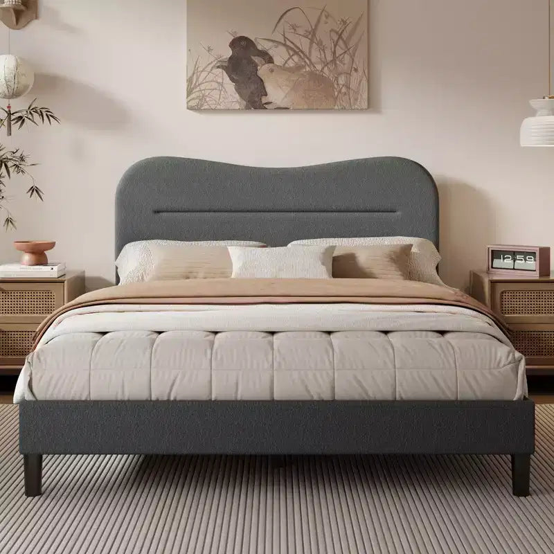 Queen Size Platform Bed Frame with Upholstered Headboard Teddy Boucle Fabric Cloud Marshmallow Shape Noise Free No Box Spring Needed Sturdy Wood Slats