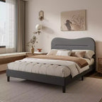 Base de cama Queen con plataforma, cabecero tapizado de tela de bouclé tipo osito, forma de nube/malvavisco, sin ruido, no necesita somier, con resistentes listones de madera