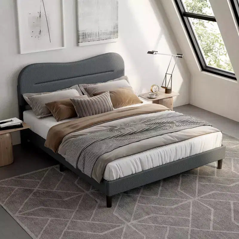 Base de cama Queen con plataforma, cabecero tapizado de tela de bouclé tipo osito, forma de nube/malvavisco, sin ruido, no necesita somier, con resistentes listones de madera