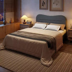 Base de cama Queen con plataforma, cabecero tapizado de tela de bouclé tipo osito, forma de nube/malvavisco, sin ruido, no necesita somier, con resistentes listones de madera