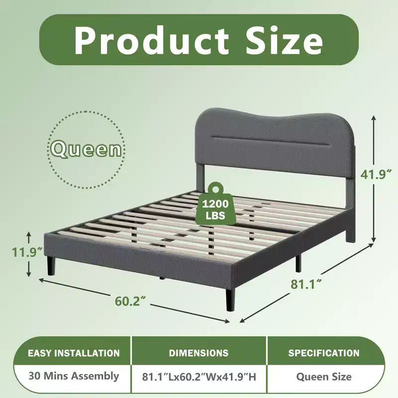 Base de cama Queen con plataforma, cabecero tapizado de tela de bouclé tipo osito, forma de nube/malvavisco, sin ruido, no necesita somier, con resistentes listones de madera