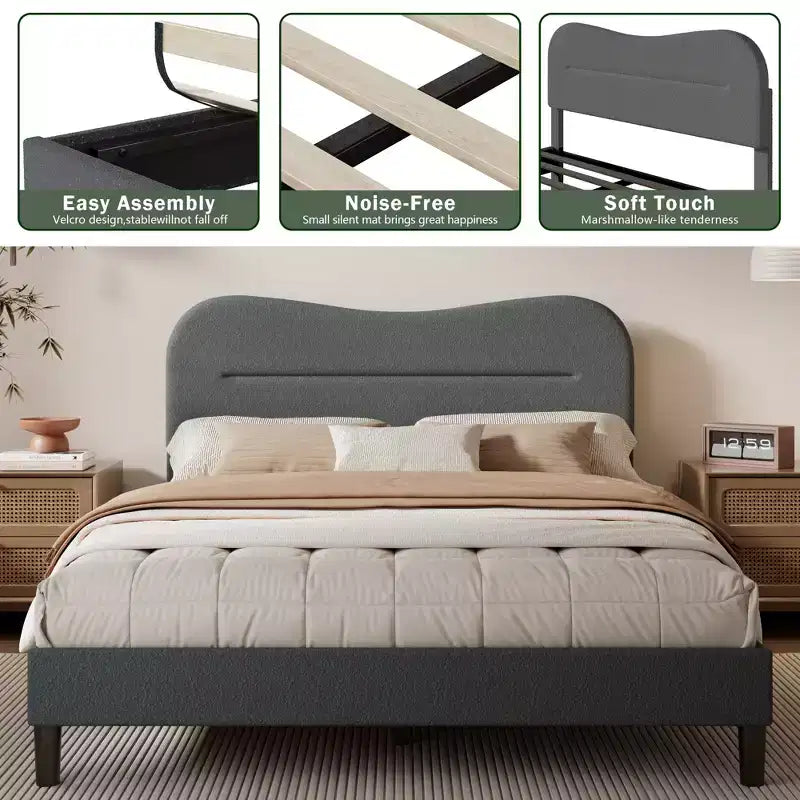 Base de cama Queen con plataforma, cabecero tapizado de tela de bouclé tipo osito, forma de nube/malvavisco, sin ruido, no necesita somier, con resistentes listones de madera