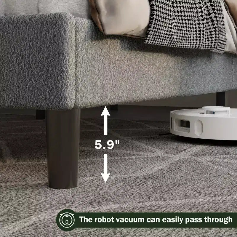 Base de cama Queen con plataforma, cabecero tapizado de tela de bouclé tipo osito, forma de nube/malvavisco, sin ruido, no necesita somier, con resistentes listones de madera