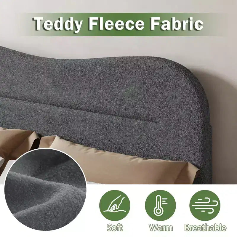 Base de cama Queen con plataforma, cabecero tapizado de tela de bouclé tipo osito, forma de nube/malvavisco, sin ruido, no necesita somier, con resistentes listones de madera