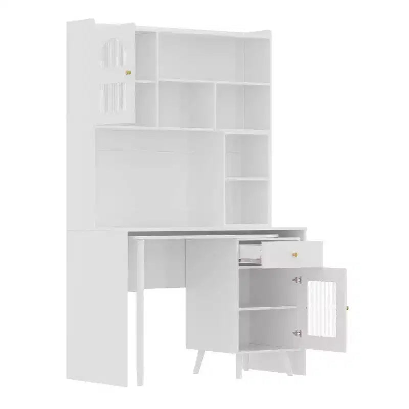 Escritorio de computadora, escritorio de oficina, escritorio de juegos, escritorio de escritura y escritorio de trabajo con superficie giratoria de 90 grados, cajón, estantes y armarios