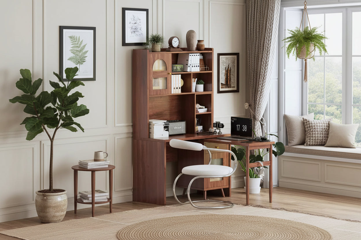 Whisen Computer Desk, Office Desk, Gaming Desk, Writing Desk & Work Desk with 90 Degree Rotating Desktop, Drawer, Shelves and Cabinets