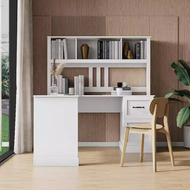 Home Office Computer Desk with Bookcase, Cabinet, 2 Drawers, Open Shelves for Living Room, Office, Bedroom