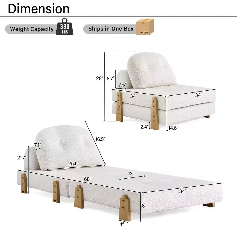 Sillón Cama Plegable Moderno Convertible con Tapizado de Peluche, Patas de Madera de Caucho y Cojín Decorativo
