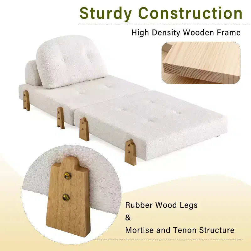 Sillón Cama Plegable Moderno Convertible con Tapizado de Peluche, Patas de Madera de Caucho y Cojín Decorativo