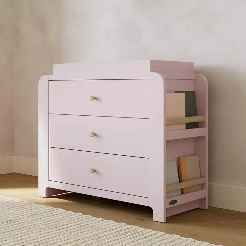 Cómoda infantil de 3 cajones con estanterías laterales y cambiador extraíble, con certificación GREENGUARD Gold
