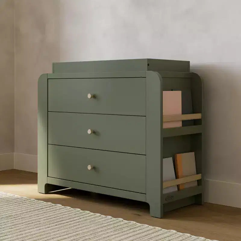 Cómoda infantil de 3 cajones con estanterías laterales y cambiador extraíble, con certificación GREENGUARD Gold