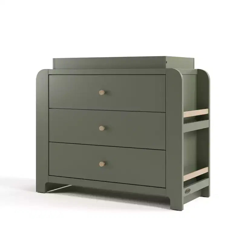 Cómoda infantil de 3 cajones con estanterías laterales y cambiador extraíble, con certificación GREENGUARD Gold