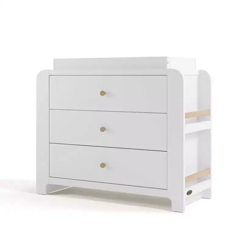 Cómoda infantil de 3 cajones con estanterías laterales y cambiador extraíble, con certificación GREENGUARD Gold