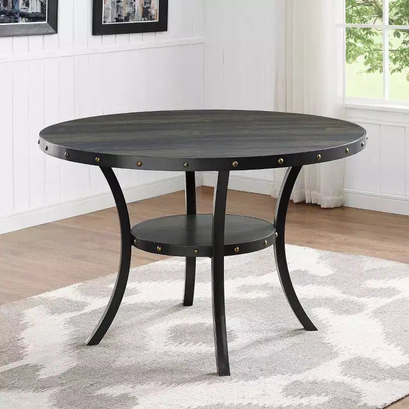 Mesa de comedor redonda contemporánea de 48" con estante de almacenamiento incorporado, acabado Coffee Bean, para 4 personas