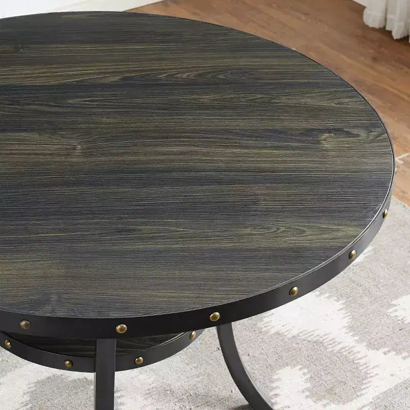 Mesa de comedor redonda contemporánea de 48" con estante de almacenamiento incorporado, acabado Coffee Bean, para 4 personas