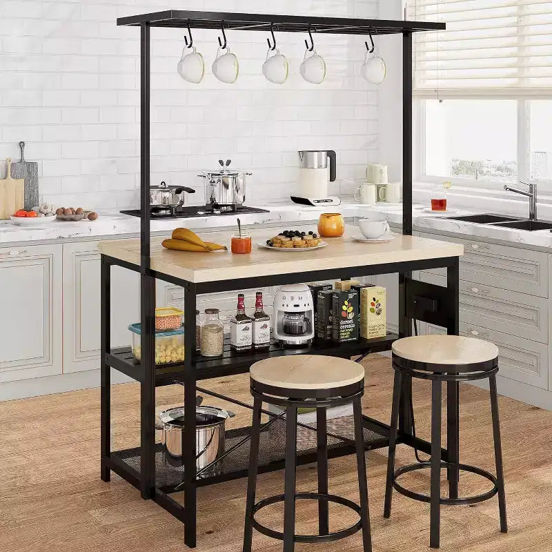 47 inch Kitchen Island with Storage, Large Bakers Rack Stand with 3-Tier Shelves, 5 Hooks for Pantry Organization, Kitchen Counter Prep Table