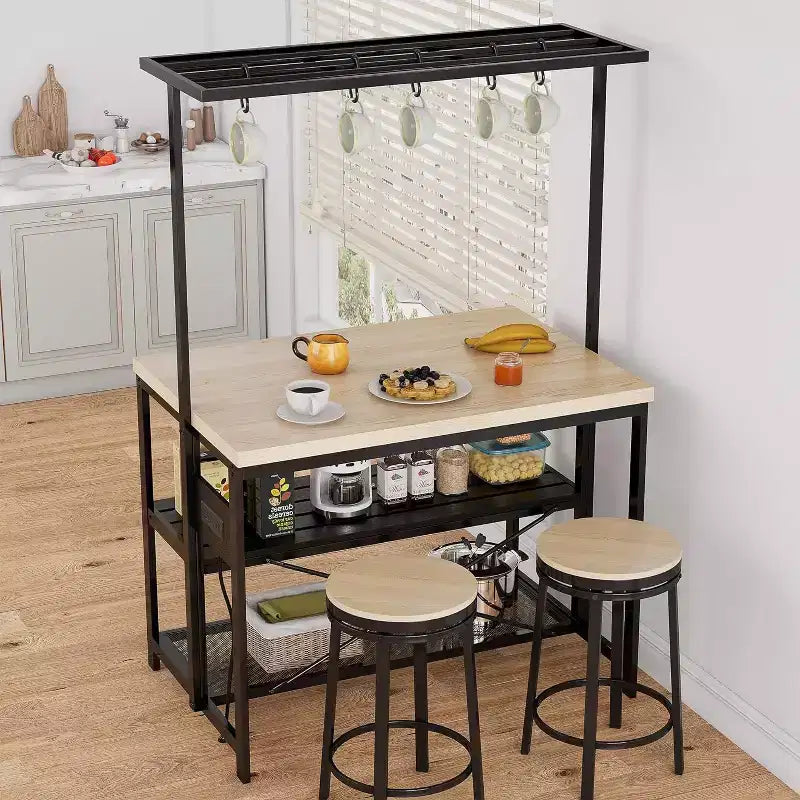 Isla de Cocina de 47 Pulgadas con Almacenamiento, Estante Panadero Grande con 3 Niveles, 5 Ganchos para Organización de Despensa, Mesa de Preparación de Cocina