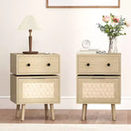 Mesa auxiliar moderna giratoria 360° con puerta abatible tejida, madera de roble