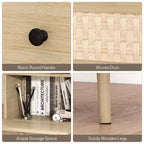 Mesa auxiliar moderna giratoria 360° con puerta abatible tejida, madera de roble