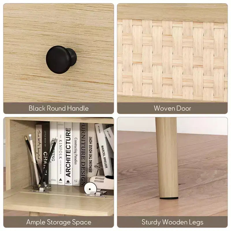 Mesa auxiliar moderna giratoria 360° con puerta abatible tejida, madera de roble