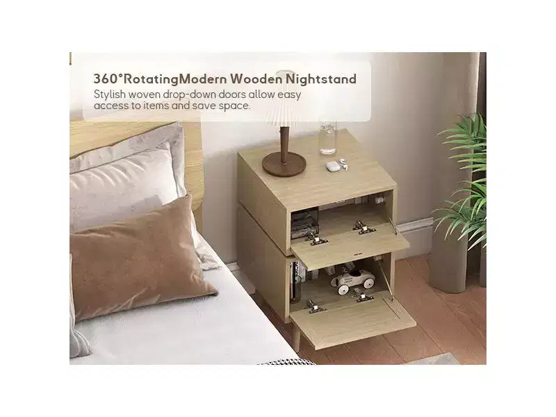 Mesa auxiliar moderna giratoria 360° con puerta abatible tejida, madera de roble