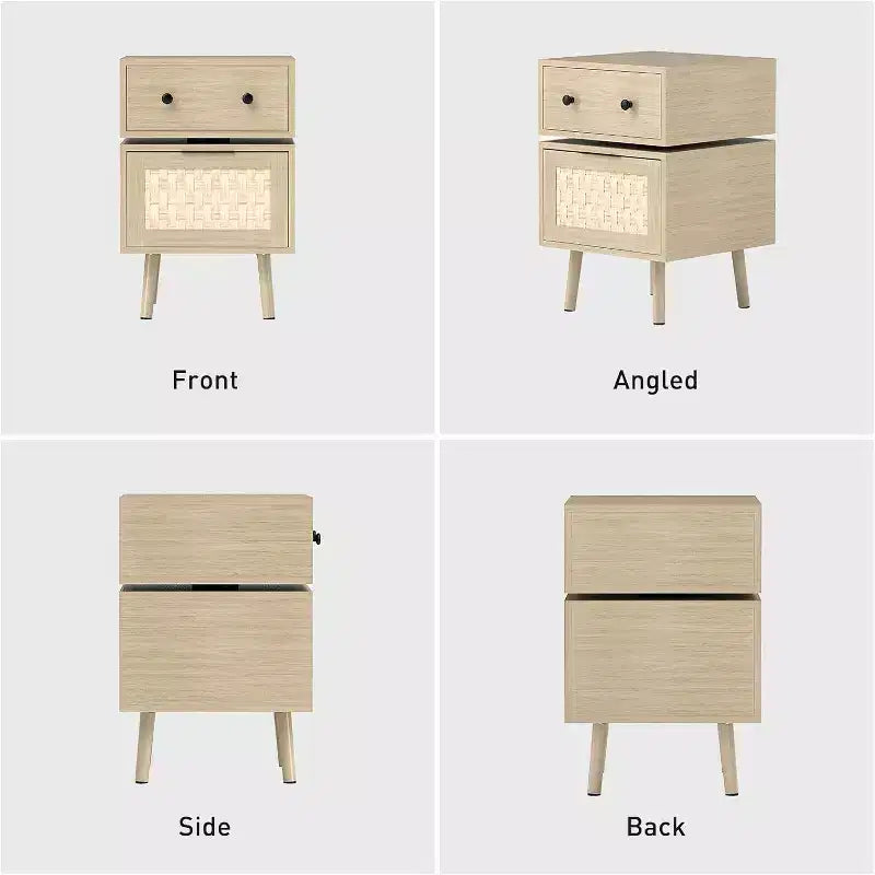 Mesa auxiliar moderna giratoria 360° con puerta abatible tejida, madera de roble
