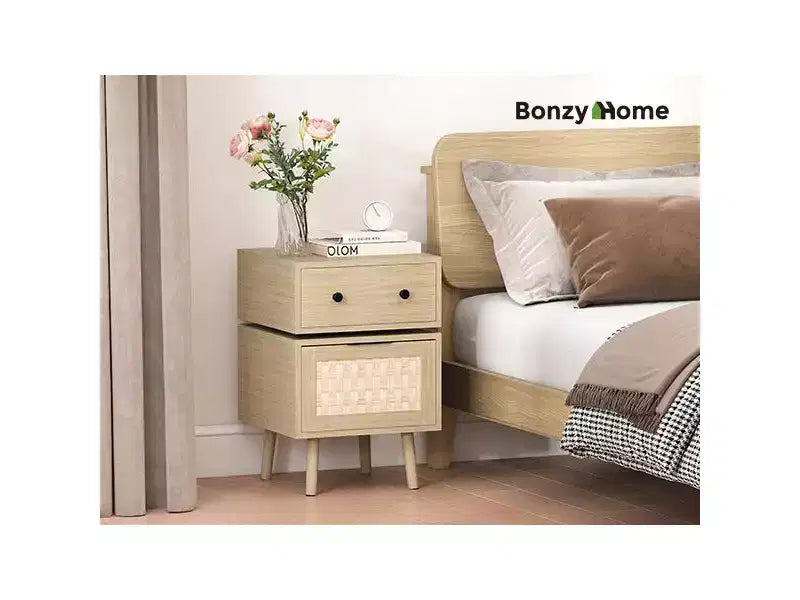 Mesa auxiliar moderna giratoria 360° con puerta abatible tejida, madera de roble